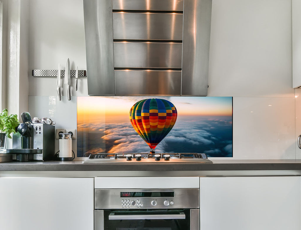 a hot air balloon floating over a kitchen counter
