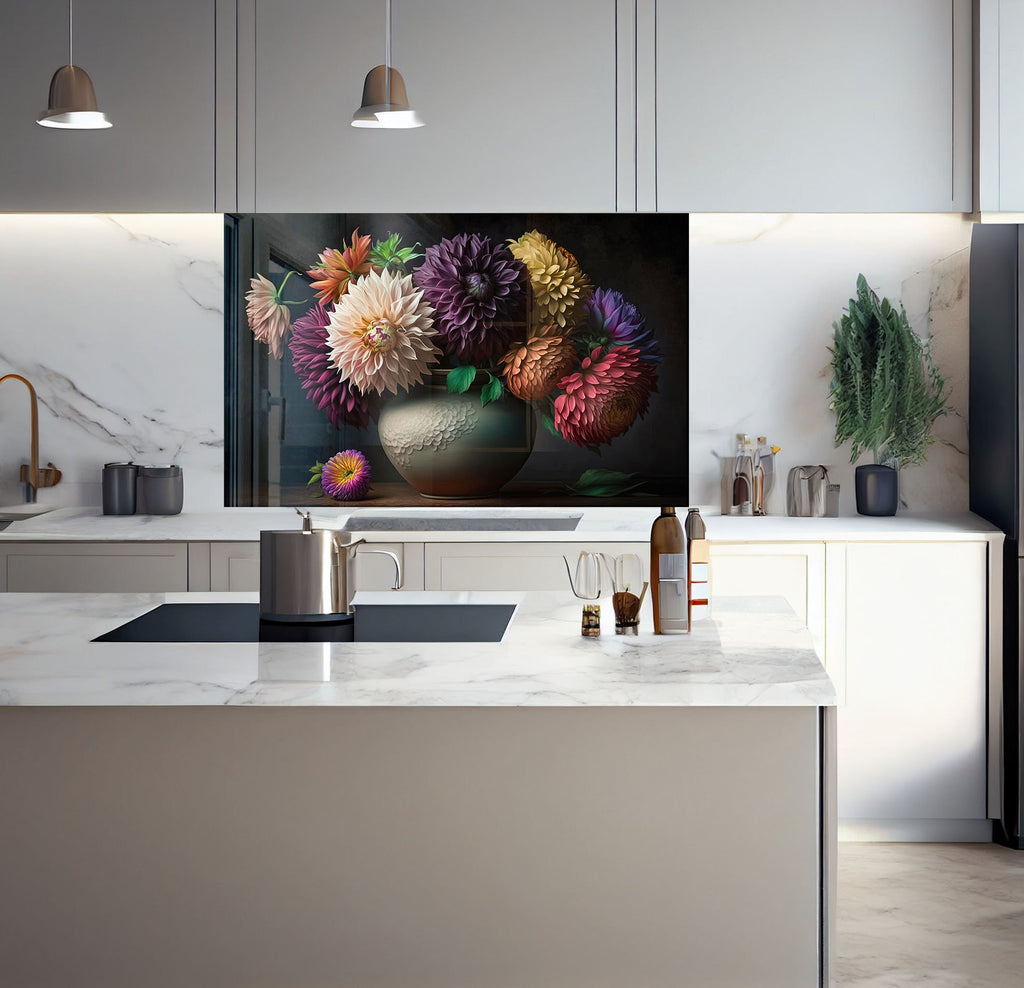 a kitchen with a large painting of flowers on the wall