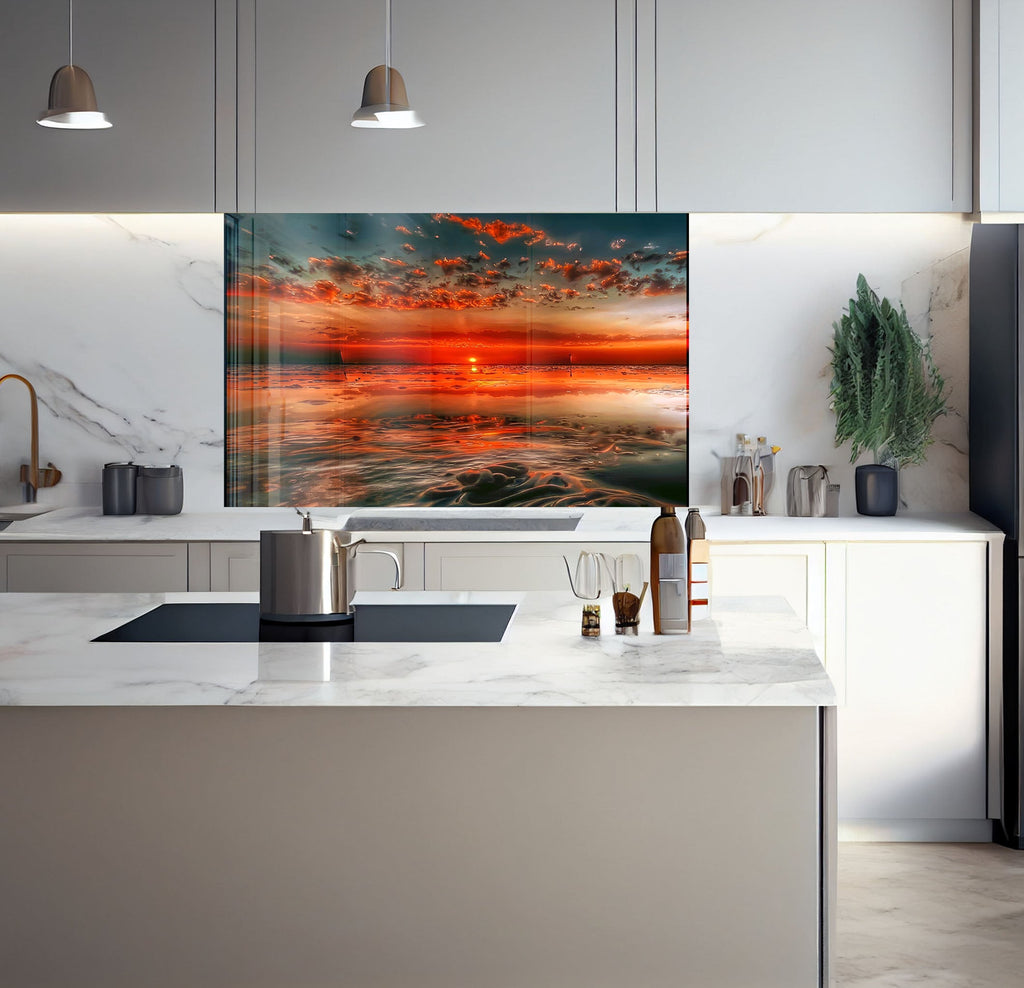 a kitchen with marble counter tops and a painting on the wall