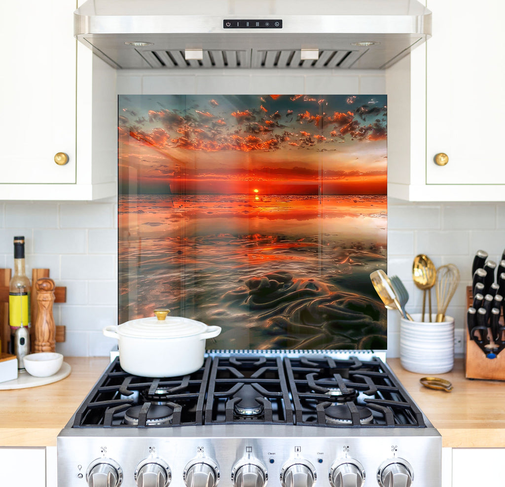 a painting of a sunset over a body of water