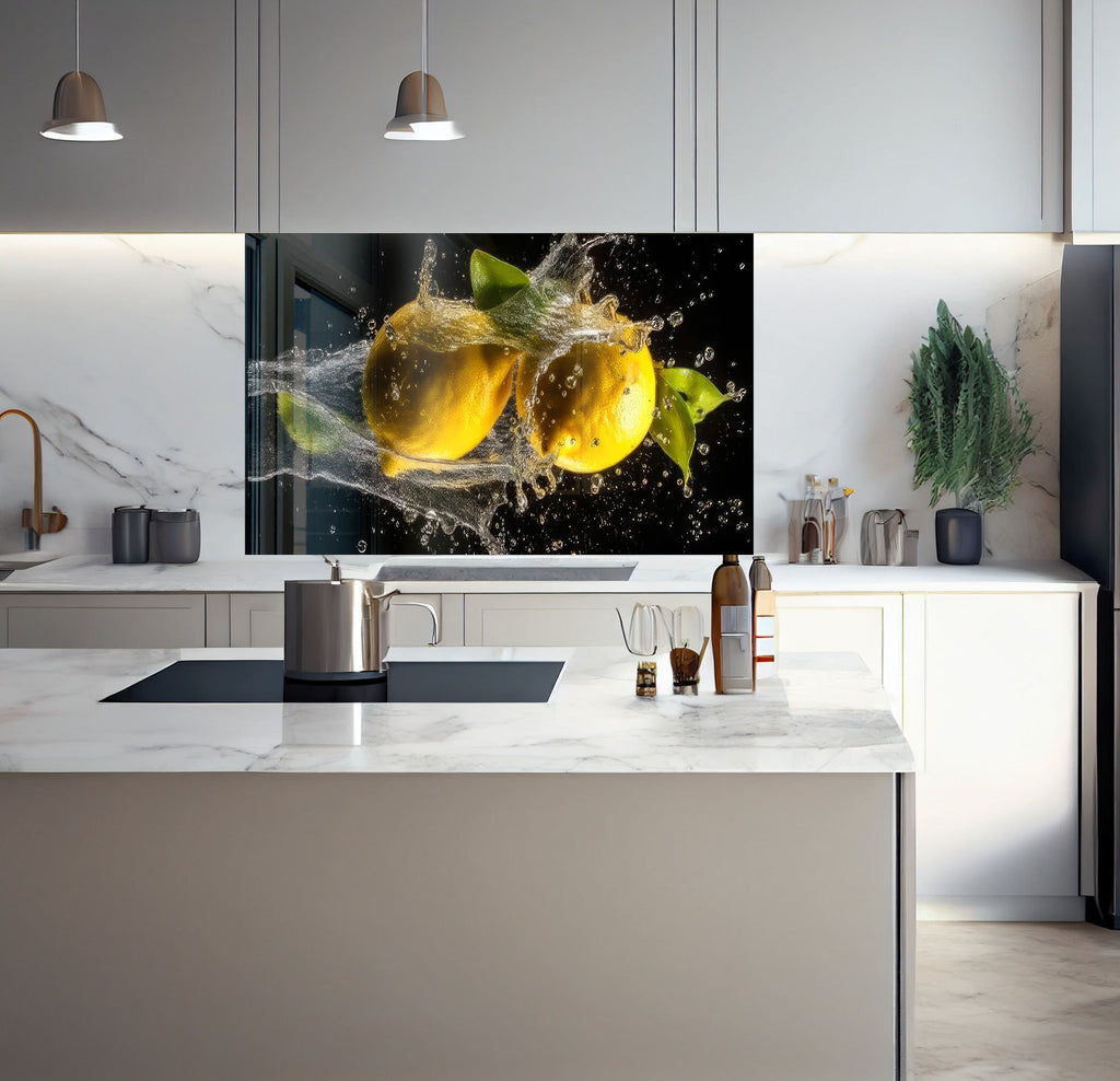 a kitchen with a large picture of lemons on the wall
