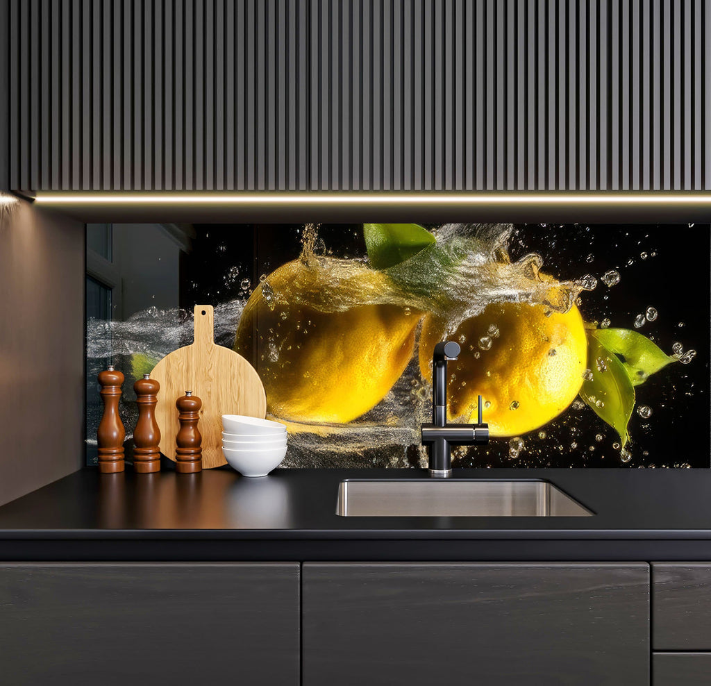 a kitchen with a sink, cutting board, cutting board and lemons