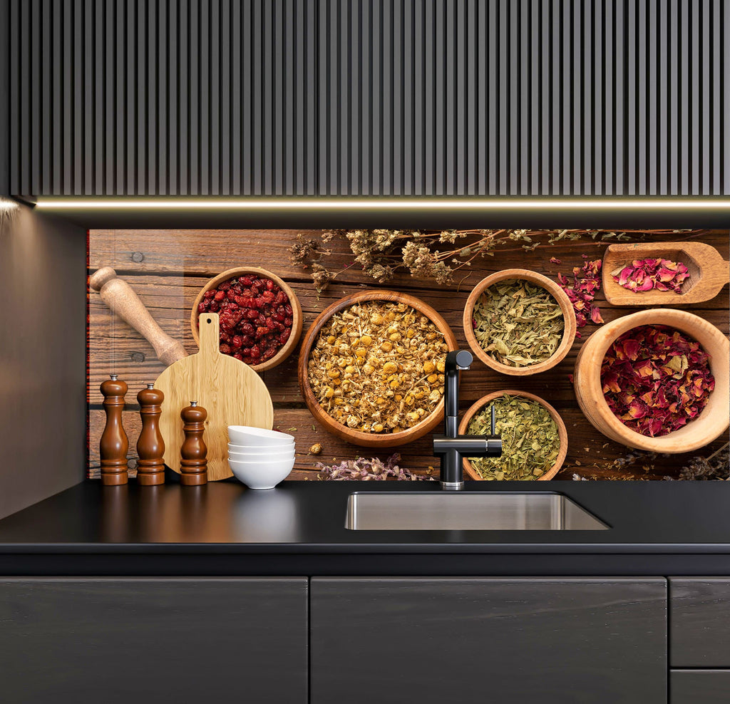 a kitchen counter with bowls of food on it
