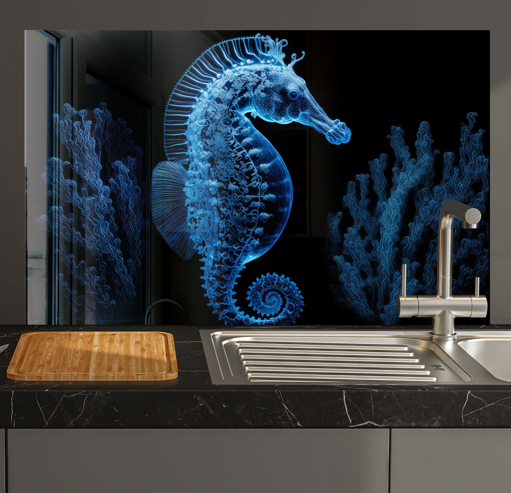 Glowing Seahorse Ocean - Glass Kitchen Backsplash-BacksplashArtworks
